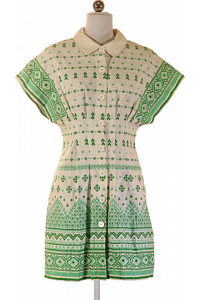 Maje Dámské šaty Krátké Propínací Zelené Vyšívané Lněné Retro Denní Velikost 36