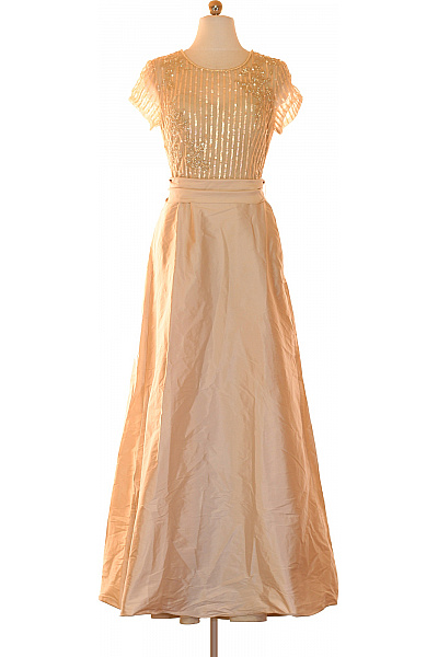 Vera Mont Společenské šaty S Krátkým Rukávem A Páskem Dlouhé Béžové Třpytivé Velikost 36