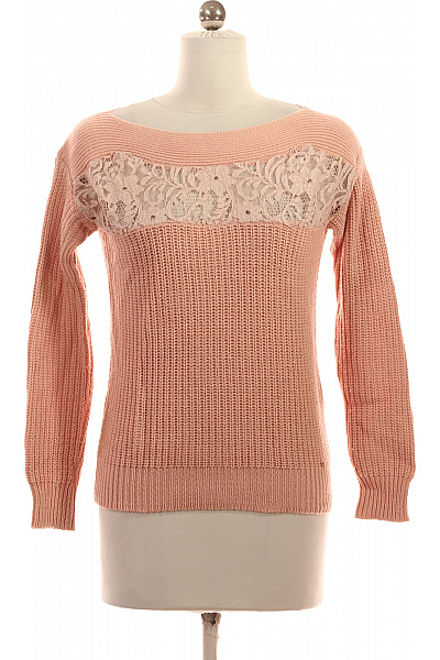 Guess Dámský Růžový Pletený Pulovr S Lodičkovým Výstřihem A Krajkou Velikost XS