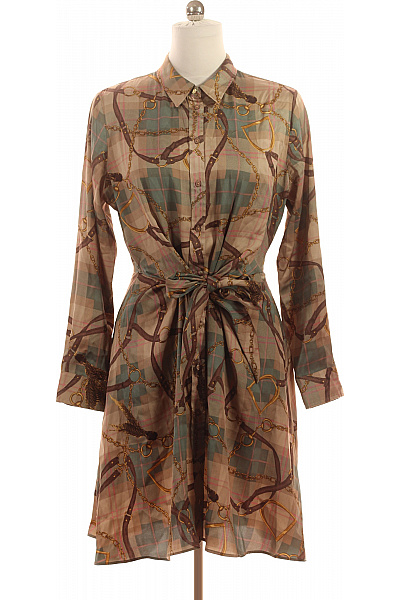 Ralph Lauren Polyesterové šaty S Dlouhým Rukávem A Páskem Hnědé Zelené Kostkované Vel. 12