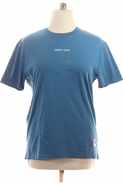 TOMMY HILFIGER Pánské Bavlněné Modré Tričko Krátký Rukáv S Nápisem Streetwear Velikost XXXL