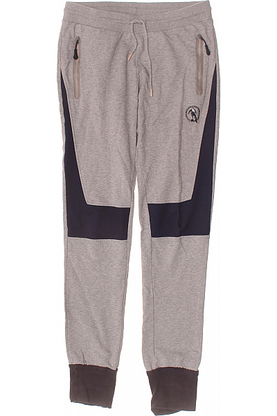 Pánské Polyesterové Sportovní Tepláky šedé S Tmavě Modrými Panely Na Nohavicích A Tmavými Lemy Vel. M