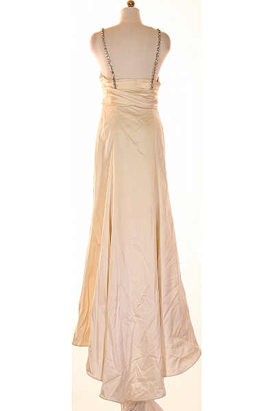 Hedvábné dlouhé společenské šaty na ramínka béžové saténové elegantní Vel. 44 | Unimoda | obrázek 2