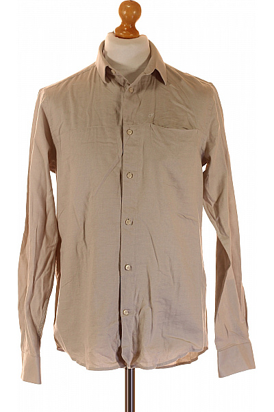 Calvin Klein Bavlněná Pánská Košile Dlouhý Rukáv Béžová Ležérní Business Regular Velikost M