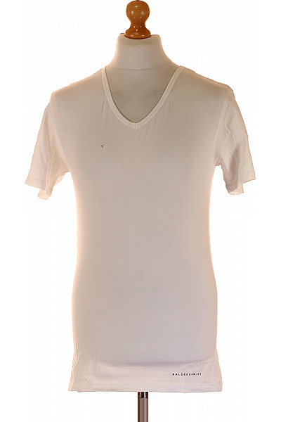 BALDESSARINI Bavlněné Bílé Pánské Tričko S Krátkým Rukávem V Výstřih Basic Prodloužené Vel. S