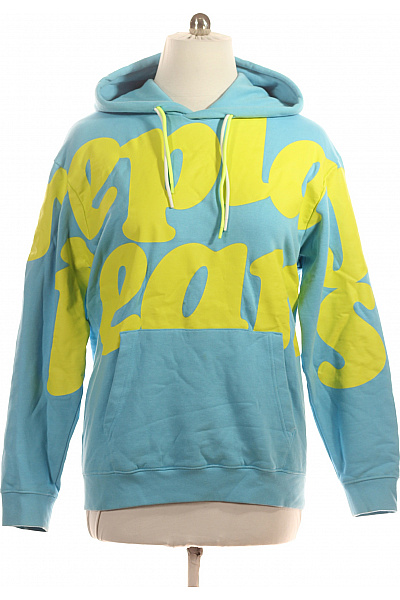 REPLAY Pánská Modrá žlutá Streetwear Mikina S Kapucí A Potiskem Přes Hlavu Vel. L