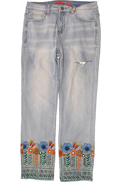 DESIGUAL Dámské Bavlněné Modré Džíny Květované Vyšívané Rovné Seprané Vel. 28
