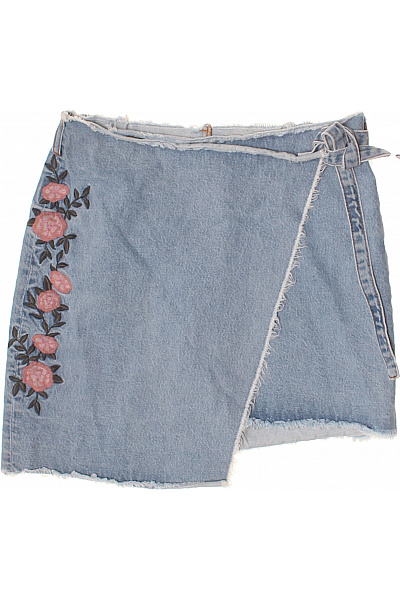 Dámská modrá bavlněná džínové mini sukně zavinovací s výšivkou květinová krátká Velikost S | Unimoda | obrázek 2