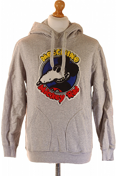 MOSCHINO Pánská Bavlněná šedá Mikina S Kapucí A Klokaní Kapsou Streetwear Vel. XXS