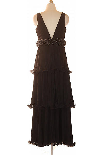 Černé dlouhé plisované večerní šaty s volány a páskem Vel. 8 | Unimoda | obrázek 2