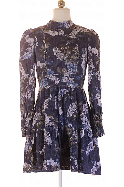 Dámské Modré Květované šaty S Dlouhým Rukávem A Volánem Velikost Xs