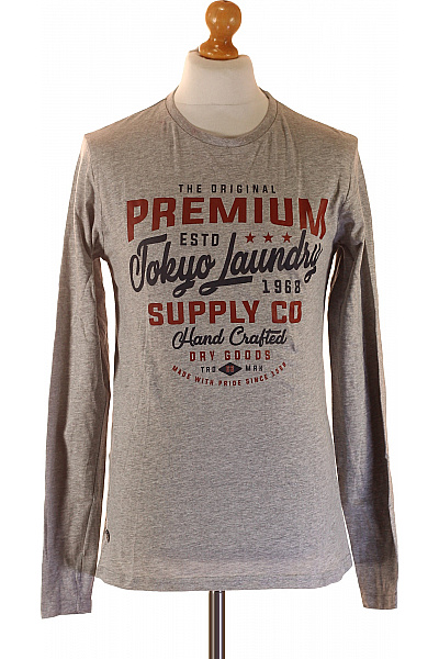 TOKYO LAUNDRY Pánské Bavlněné Tričko šedé S Dlouhým Rukávem A Potiskem Basic Vel. M