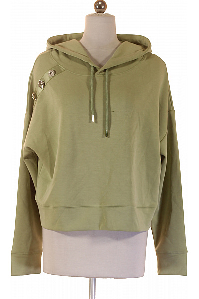 EsQualo Dámská Zelená Mikina S Kapucí Crop Střih S Kamínky Velikost S