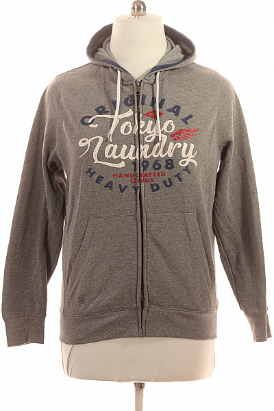 TOKYO LAUNDRY Pánská šedá Mikina S Kapucí A Potiskem Na Zip Streetwear Velikost L