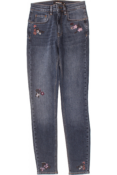 DESIGUAL Dámské Modré Skinny Džíny Vyšívané Květované úzké Seprané Vel. 36