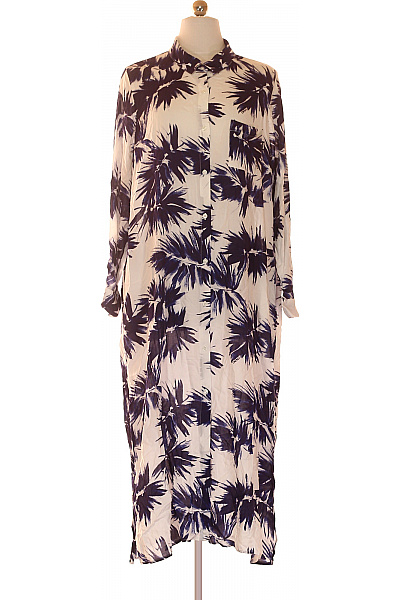 Donna Karan Viskózové dlouhé šaty košilové s dlouhým rukávem bílé modré palmové volné denní Vel. l | Donna Karan | obrázek 2