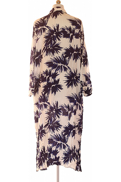 Donna Karan Viskózové dlouhé šaty košilové s dlouhým rukávem bílé modré palmové volné denní Vel. l | Donna Karan | obrázek 3