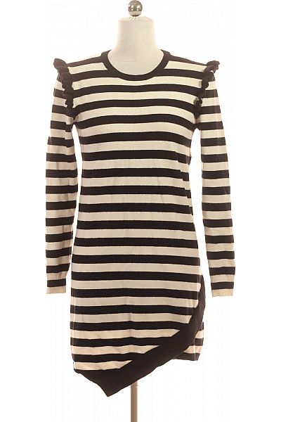 BENETTON Dívčí Pruhované černo-bílé šaty S Volánem Asymetrický Střih Velikost 13-14LET