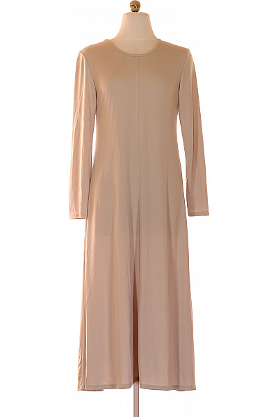 Carolina Cavour Dámské Béžové Jednoduché Midi Šaty S Dlouhým Rukávem Rovné Letní Vel. S