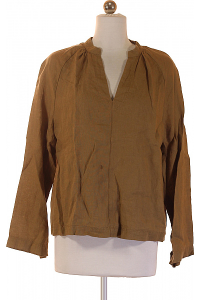 Marc O´Polo Hnědá Lněná Halenka S Dlouhým Rukávem A Výstřihem Do V Vel. 36
