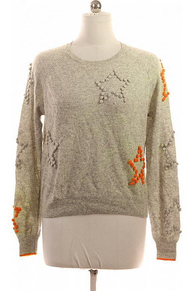 Brodie Cashmere Dámský Kašmírový Pulovr šedý Hvězdy Bambulky Oranžové Vel. M