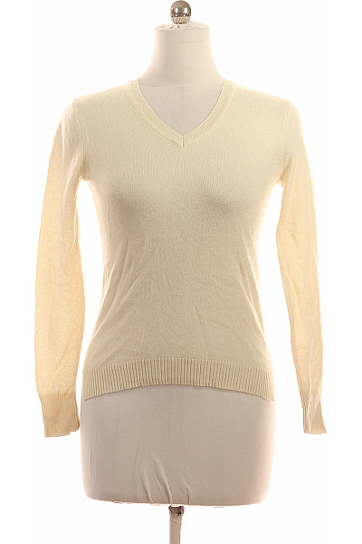 Dine'n Dance Dámský Kašmírový Svetr Krémový žebrovaný V-výstřih Základní Velikost 38