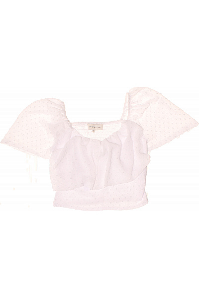 By Malina Dámské Tričko Bílé Krátký Rukáv Crop Top Volánové Rukávy Puntíky Vel. M