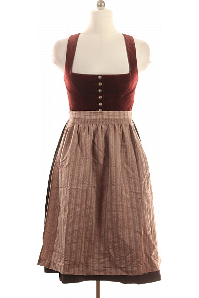 Trachten Deiser Dirndl Sametové Bordó S Hnědou Pruhovanou Splývavou Sukní Velikost 38