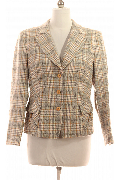 Biba Vlněné Sako Dámské Podzimní Béžové Kárované Vypasované Elegantní Vel. 42