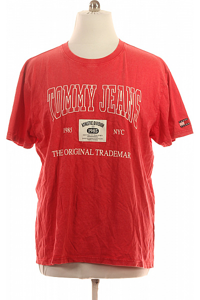 TOMMY HILFIGER Pánské Červené Tričko Krátký Rukáv S Nápisem Vintage Streetwear Velikost XXL