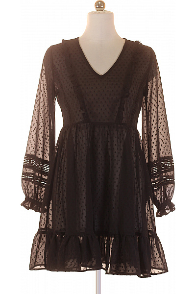 Černé šifonové puntíkované šaty s dlouhým rukávem mini volánové romantické Velikost L | Unimoda | obrázek 2