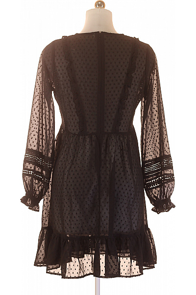 Černé šifonové puntíkované šaty s dlouhým rukávem mini volánové romantické Velikost L | Unimoda | obrázek 3