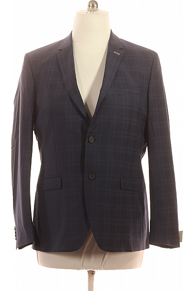 BENVENUTO Pánské Modré Polyesterové Sako Kárované Elegantní Vypasované Moderní Velikost 54