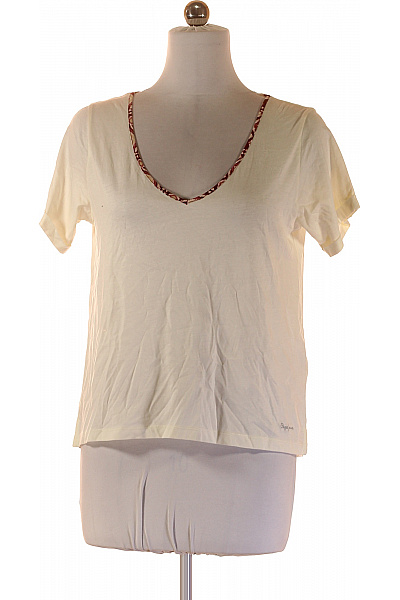 Pepe Jeans Dámské Bavlněné Modalové Tričko Krémové Basic S Krátkým Rukávem V Výstřih Velikost M