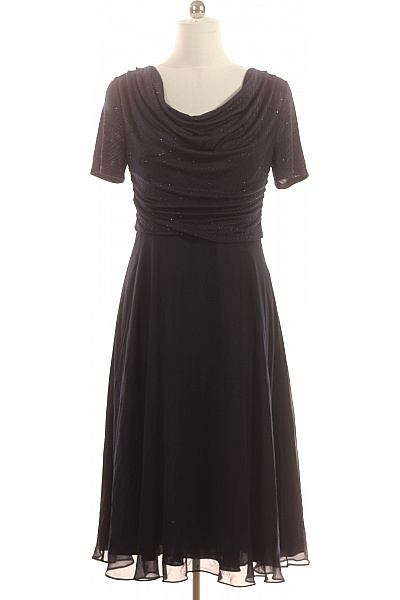 Vera Mont Třpytivé Modré Společenské šaty Midi S Krátkým Rukávem A Nabíraným Výstřihem Vel. 42