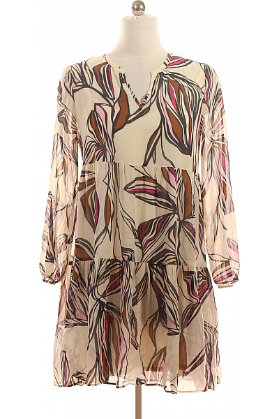 COMMA Dámské Letní šaty Polyesterové Volné Tunikové S Dlouhým Rukávem Květované Béžové Vel. S