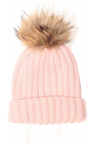 Růžová žebrovaná čepice S Kožešinovou Bambulkou Zimní
