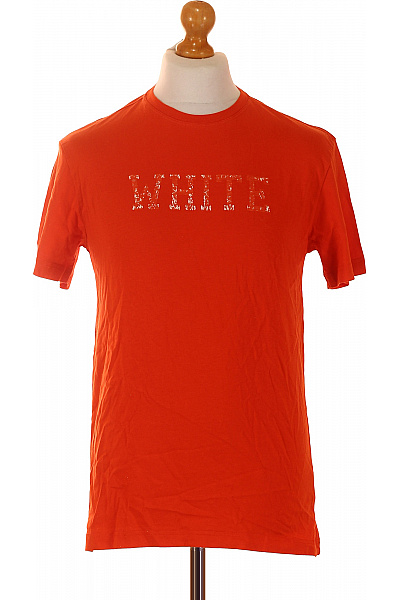 BENETTON Pánské Bavlněné Oranžové Tričko S Krátkým Rukávem A Nápisem Velikost M