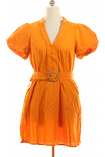 Oranžové lněné šaty s páskem letní volnočasové Velikost 40 | Unimoda | obrázek 2