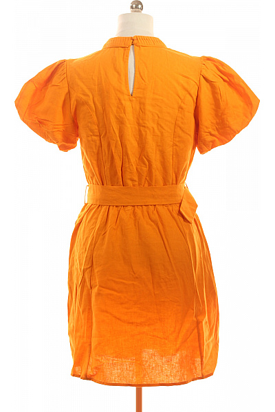 Oranžové lněné šaty s páskem letní volnočasové Velikost 40 | Unimoda | obrázek 3