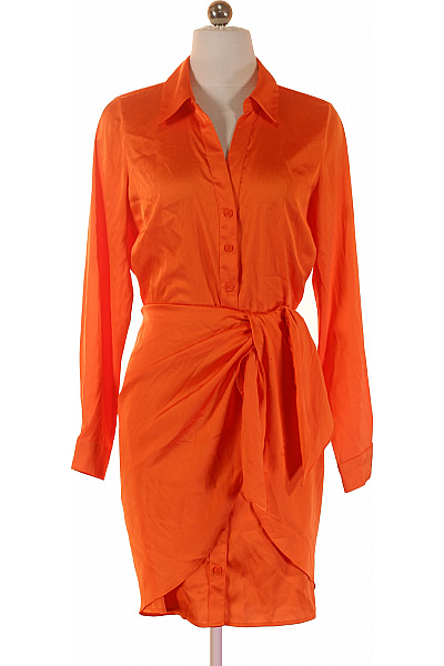 Guess Oranžové Saténové šaty S Dlouhým Rukávem A Páskem Vel. S