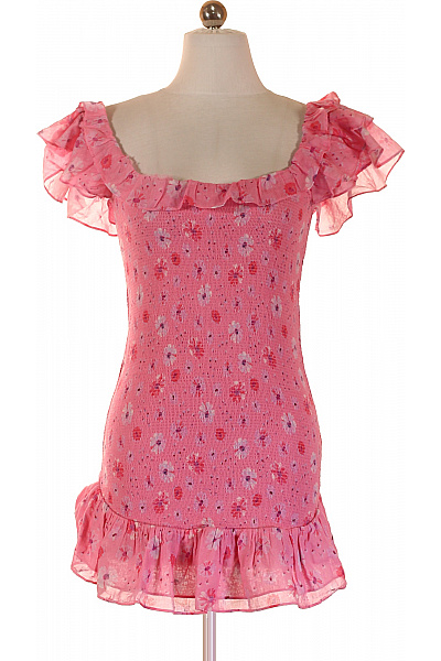 LOVESTITCH Růžové Květované šaty S Krátkým Rukávem A Volánky Vel. M