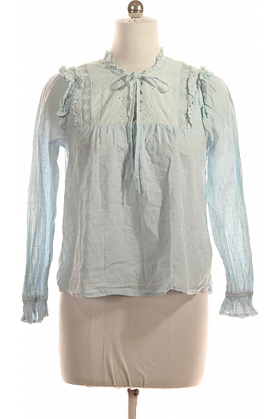 AXARA Dámská bavlněná halenka s dlouhým rukávem a mašlí modrá puntíkovaná madeirová romantická Velikost M | AXARA | obrázek 2