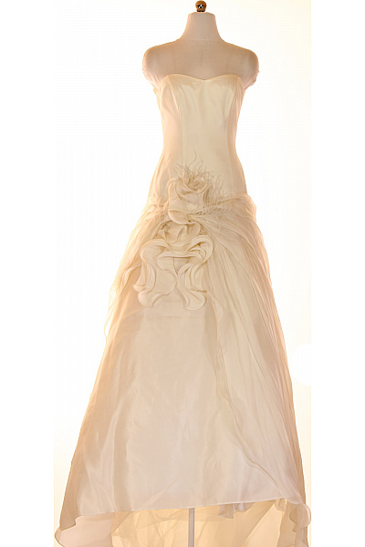 Svatební Hedvábné Dlouhé Šaty Bez Rukávů Elegantní Řasené Květiny Vel. IT 44