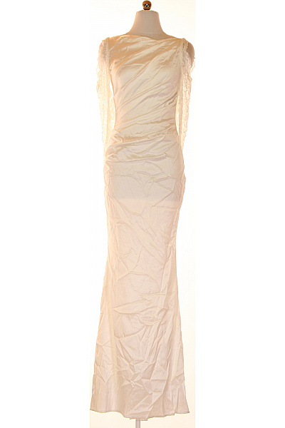 Dlouhé Krémové Saténové Elegantní Svatební šaty Krajkové Ramena Velikost 32