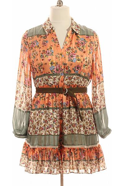Guess Dámské šaty S Dlouhým Rukávem Květované Boho S Páskem Oranžové Vel. XL