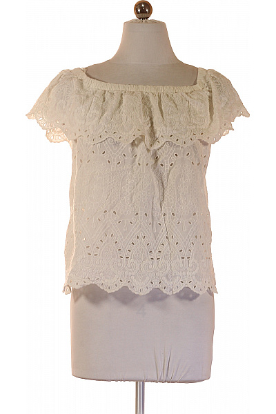 LIMITED Dámská Bílá Bavlněná Halenka S Krátkým Rukávem A Volánky Madeirová Velikost 36