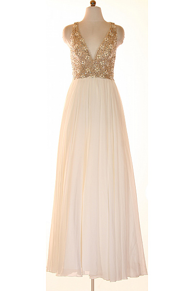 TERANI Dlouhé Bílé Společenské šaty S Hlubokým Výstřihem A Flitry Vel. 4