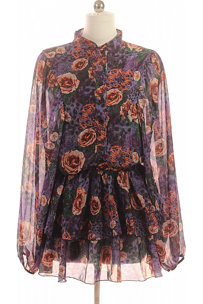 Fialové volné šifonové šaty s dlouhým rukávem květované volánové Velikost M | Unimoda | obrázek 2