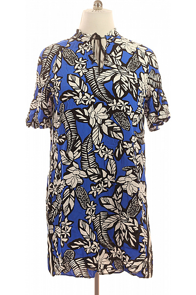 MARCCAIN Modré Květované šaty S Krátkým Rukávem A Stojáčkem Velikost N5